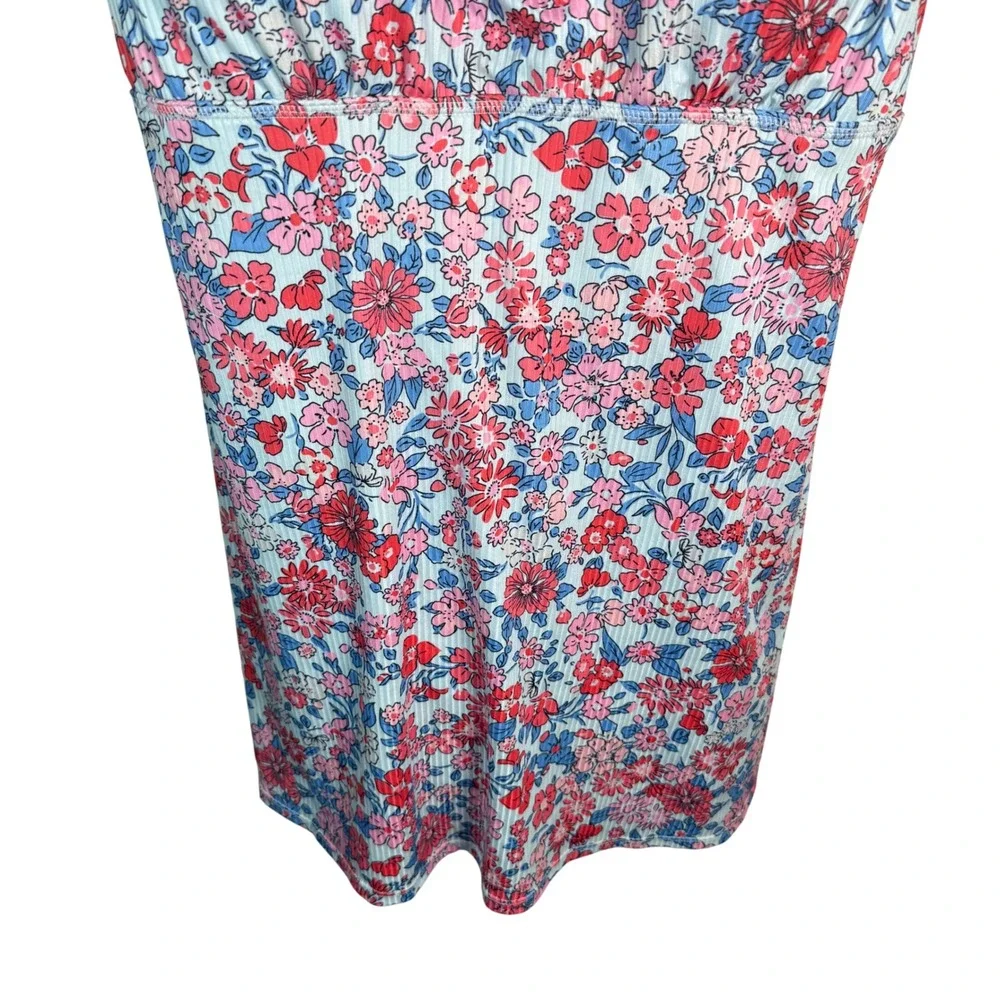 Swim Dress Women XL Blue Pink Floral Shelf Bra Skort Vacation Beach Active